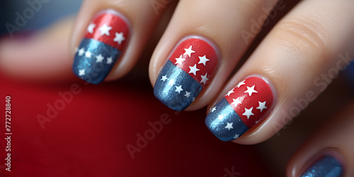 A woman's nails with stars and with a red white and blue design Manicure with red background
 photo