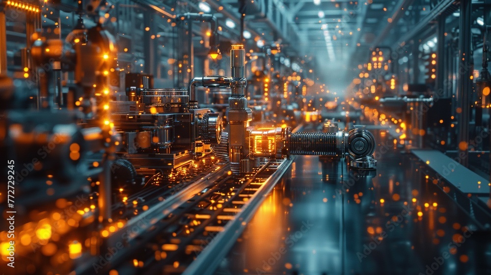 Futuristic Technology Team of Engineers and Professionals Workers in Industry Manufacturing Factory that is Digitalized with Graphics into Connected Automated Machinery. High-Tech Industry