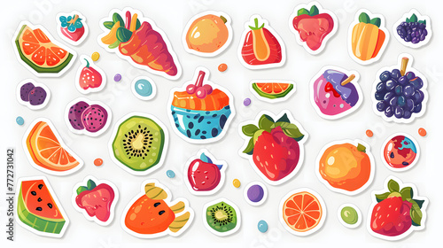 A collection of fruit stickers, including apples, oranges, and strawberries. The stickers are colorful and playful, with some featuring cartoon characters. The scene is cheerful and fun