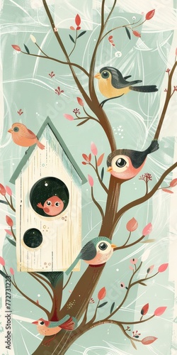 a birdhouse and birds, light pastel background, illustration made with generative AI