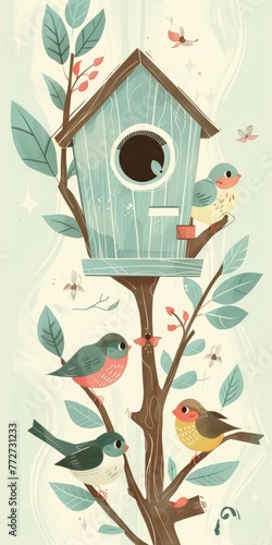 a birdhouse and birds, light pastel background, illustration made with generative AI