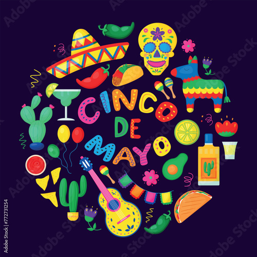 The word cinco de mayo is elegantly displayed in electric blue font, surrounded by Mexican icons on a circular patterned table, creating a visually stunning art display