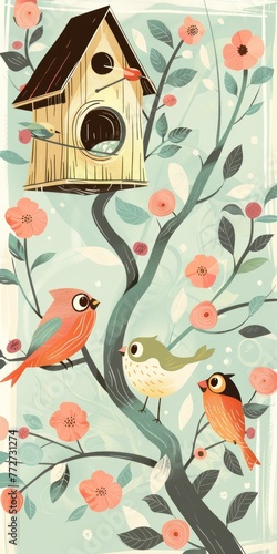 a birdhouse and birds, light pastel background, illustration made with generative AI