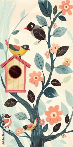 a birdhouse and birds, light pastel background, illustration made with generative AI