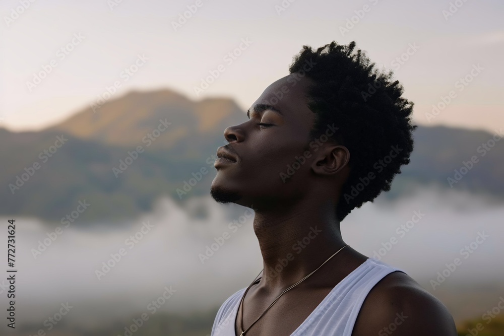 African man enjoying the fresh morning air on the mountain, calming refreshing African man enjoying the fresh morning air on the mountain, calming refreshing