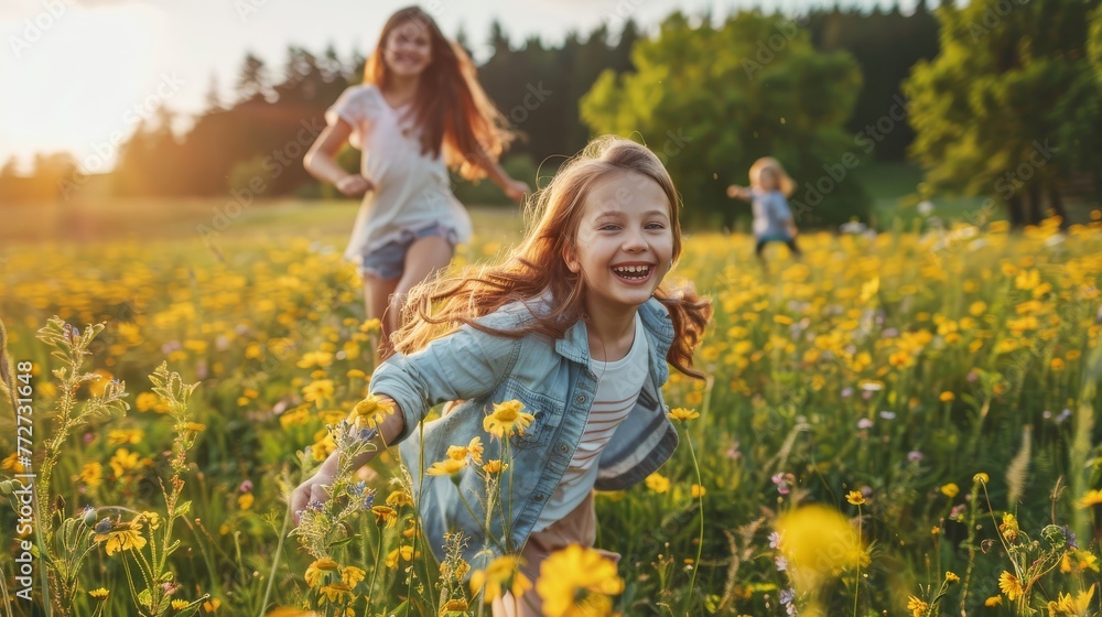 Happy family walking in fields at sunset in nature Happy family walking in fields at sunset in nature