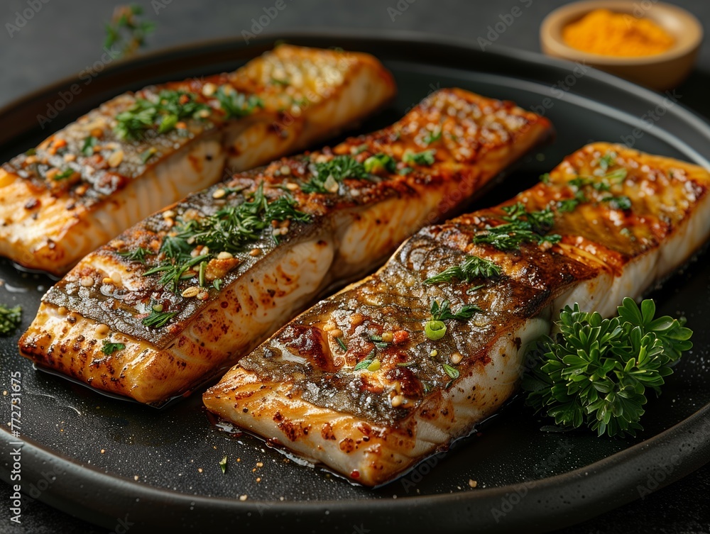 Cooked oceanic fish on black plate Cooked oceanic fish on black plate