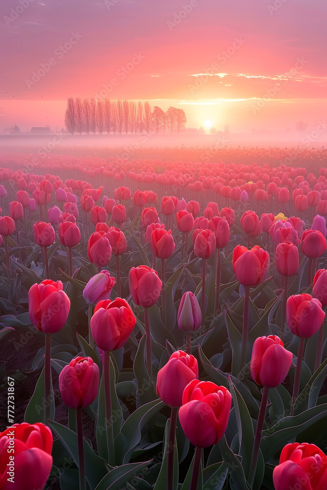 Beautiful tulip field in a foggy morning during the sunrise