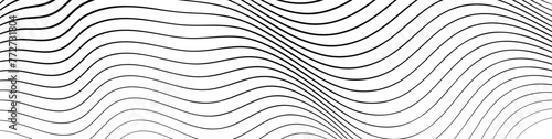 Abstract geometric background with monochrome water surface texture. Vector illustration of diagonal curved lines. Black wavy lines that go from thin to thick. Striped waves drawn in ink.