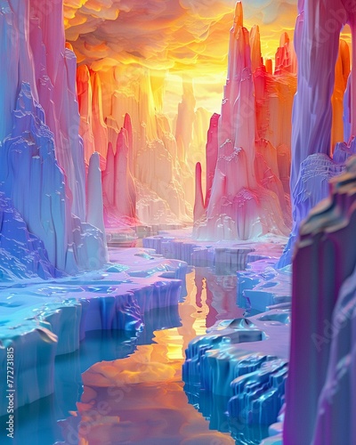  A colorful and surreal landscape with abstract shapes and floating islands