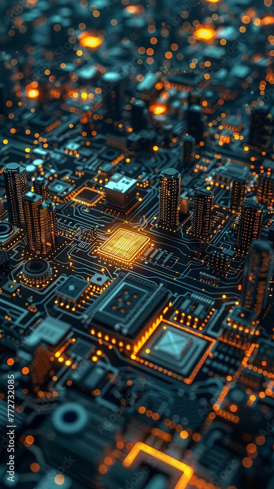 Circuit board, intricate design, metallic tracks, capacitors, resistors, chips, solder points, glowing with digital patterns, like a futuristic cityscape Realistic, Backlighting, HDR