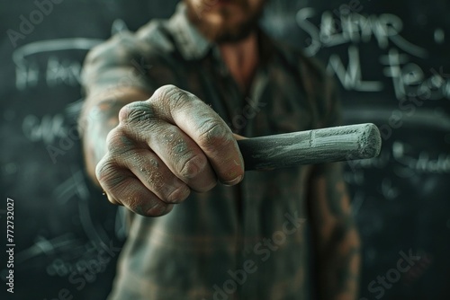 Powerful arm with chalk, teaching in action, close shot, motivational educator, vivid clarity