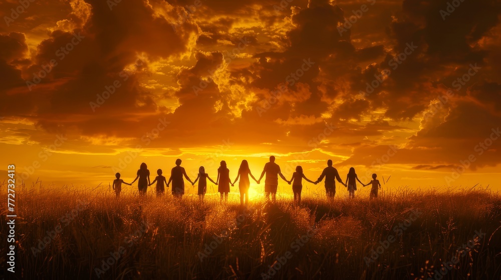 Happy family walking in fields at sunset in nature Happy family walking in fields at sunset in nature