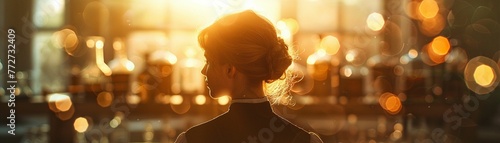 Marie Curie, Nobel Prize winner, first woman physicist, pioneer in radioactivity, in her laboratory, realistic, golden hour, depth of field bokeh effect photo