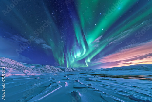 Spectacular Aurora Borealis Over a Snow-Covered Landscape: The Light Show Coloring the Night Sky Creates a Mystical Beauty