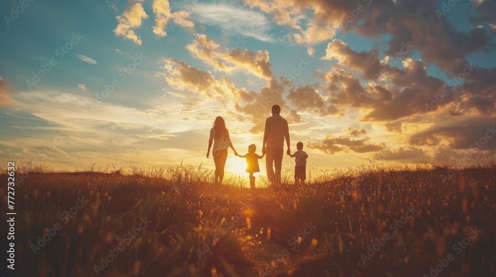 Fototapeta premium Happy family walking in fields at sunset in nature