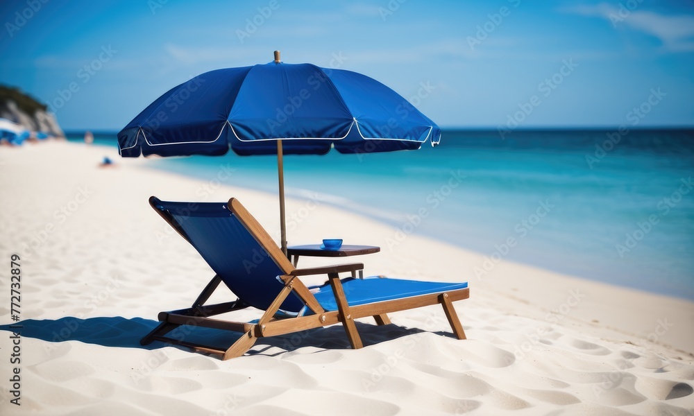 A beach setting featuring a blue umbrella and a beach chair, creating a serene and inviting scene along the shoreline