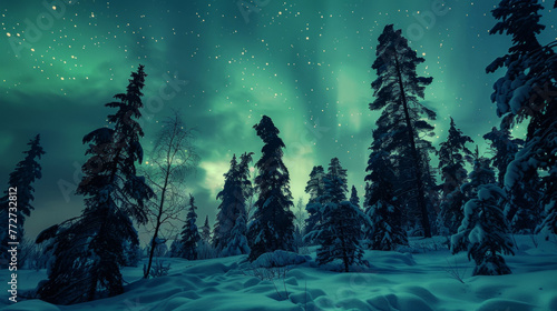 The surreal scene of the snowcovered trees and landscape silhouetted against the bright and everchanging hues of the Aurora Borealis. . .