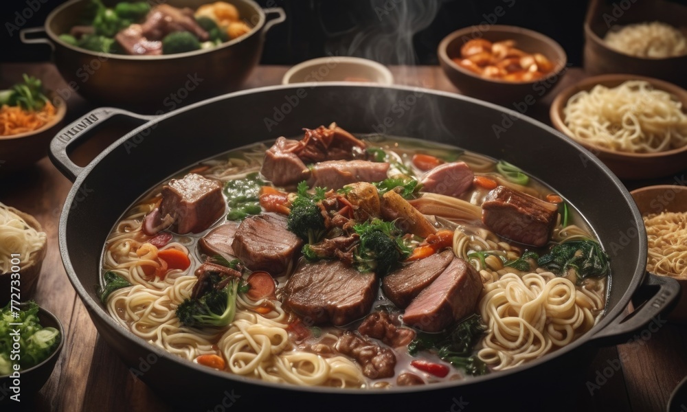 A communal dish where diners cook various meats, vegetables, and noodles in a simmering pot of flavored broth at the table A communal dish where diners cook various meats, vegetables, and noodles in a simmering pot of flavored broth at the table