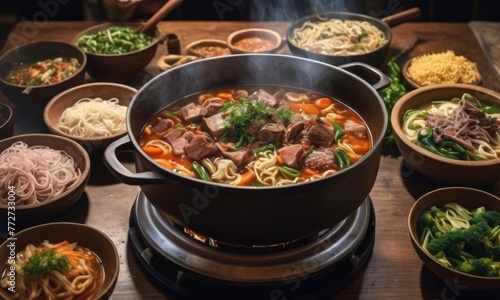 A communal dish where diners cook various meats, vegetables, and noodles in a simmering pot of flavored broth at the table