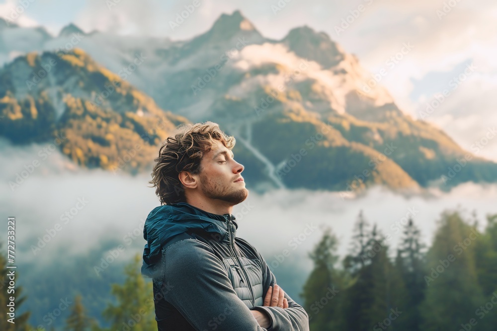 caucasian man enjoying the fresh morning air on the mountain, calming refreshing caucasian man enjoying the fresh morning air on the mountain, calming refreshing