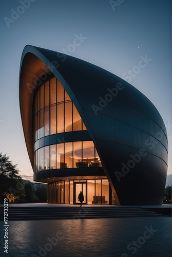 A structure featuring a gracefully curved roof against the backdrop of the evening sky, with a person strolling in front, creating a serene and urban atmosphere photo