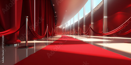 A red carpet with a spotlight on it Hollywood Paparazzi Celebrity with redish background
 photo