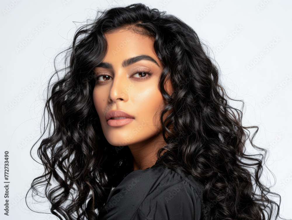 Beauty portrait of a young Indian woman with curly hair isolated from a white copyspace background Beauty portrait of a young Indian woman with curly hair isolated from a white copyspace background