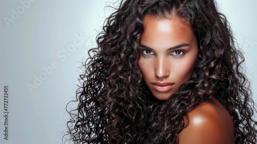 Beauty portrait of a young Indian woman with curly hair isolated from a white copyspace background