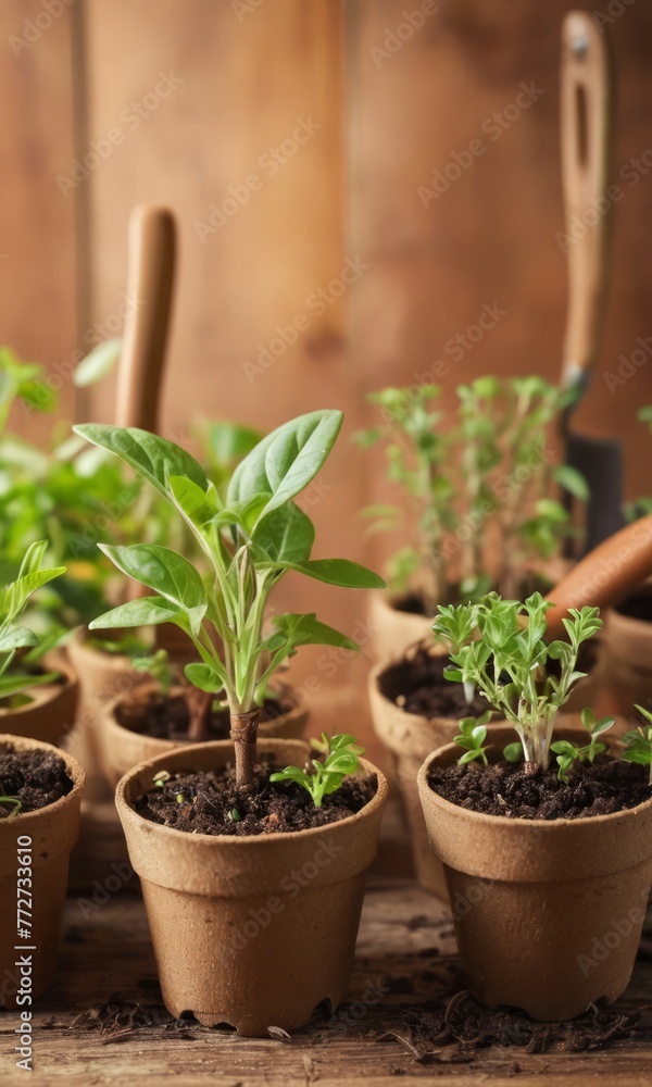 Young seedling sprouts in the peat pots. Wooden background with copy space. Zero waste, recycling, plastic free gardening concept. Young seedling sprouts in the peat pots. Wooden background with copy space. Zero waste, recycling, plastic free gardening concept.