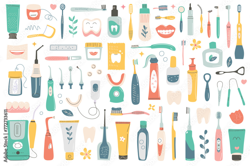 Dental care collection, toothpaste, toothbrushes icons, vector illustrations of oral hygiene products, mouthwash, irrigator, floss doodles, healthy and clean teeth set, teeth whitening kit Dental care collection, toothpaste, toothbrushes icons, vector illustrations of oral hygiene products, mouthwash, irrigator, floss doodles, healthy and clean teeth set, teeth whitening kit