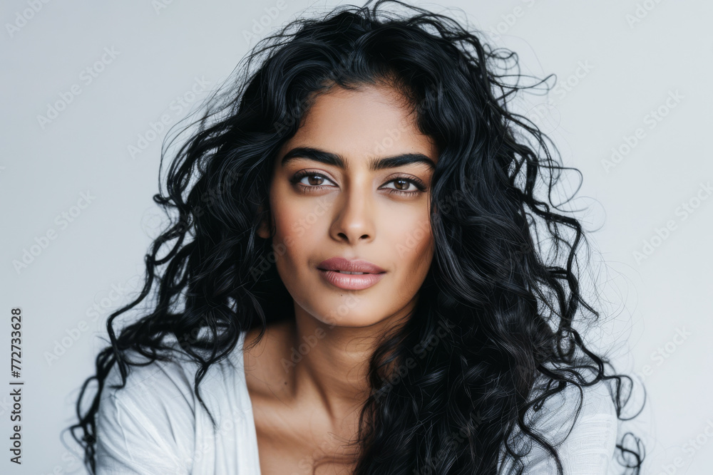 Beauty portrait of a young Indian woman with curly hair isolated from a white copyspace background Beauty portrait of a young Indian woman with curly hair isolated from a white copyspace background
