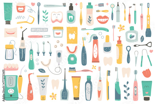 Dental care collection  toothpaste  toothbrushes icons  vector illustrations of oral hygiene products  mouthwash  irrigator  floss doodles  healthy and clean teeth set  teeth whitening kit