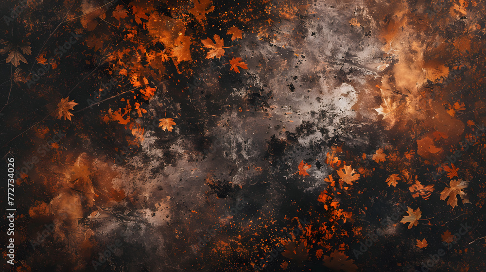 A black and orange background with leaves scattered around. The leaves are of different sizes and colors, and they are scattered all over the background