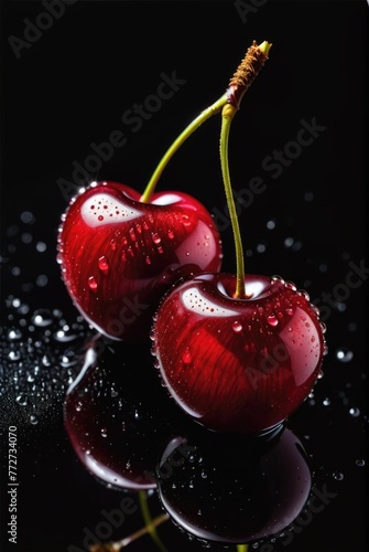 Cherry with drops on black background 