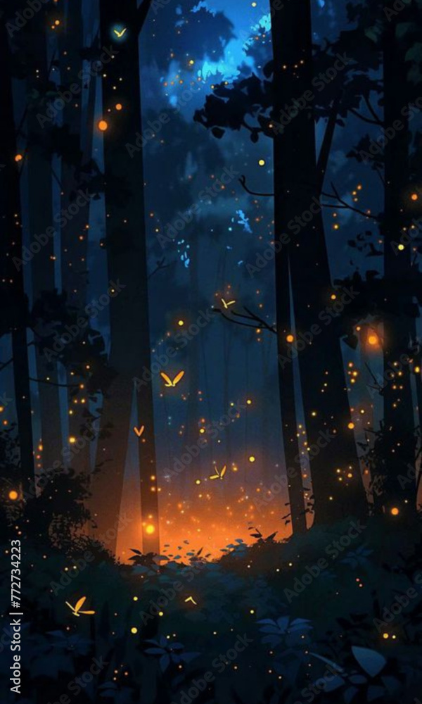 a forest with fireflies flying around