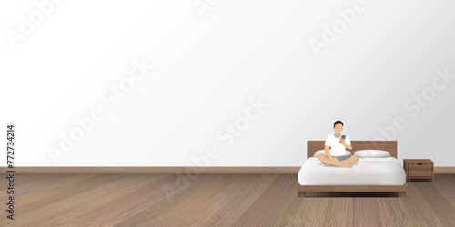 Young man sitting on bed using mobile phone checking social media network feed or message chat after waking up in the morning vector illustration have blank space.