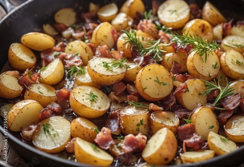 Pan-fried potatoes often cooked with onions, bacon, and herbs, creating a flavorful and comforting side dish