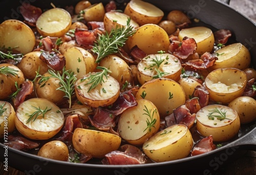 Pan-fried potatoes often cooked with onions, bacon, and herbs, creating a flavorful and comforting side dish
