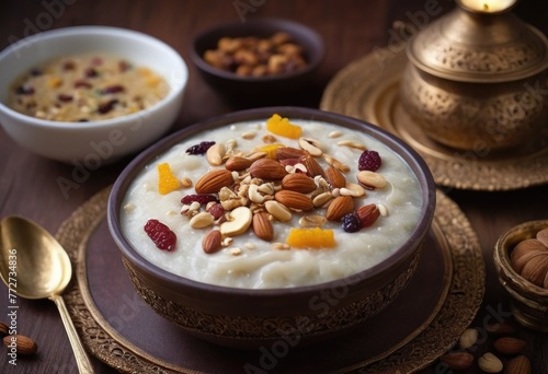 Sheer Khurma A sweet dessert made with vermicelli noodles, milk, sugar, nuts, and dried fruits
