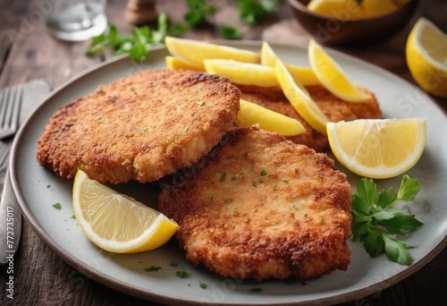 Thin, breaded and fried cutlets of meat, typically made with pork (Schweineschnitzel) or veal (Wiener Schnitzel), served with lemon wedges