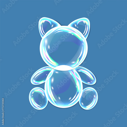 Soap bubbles, water drops in kitten shape with shadows on blue background. Vector illustration with water drops. Vector illustration