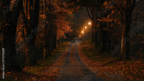 A winding country road lined with tall swaying trees bathed in the warm glow of streetlights. The fallen leaves crunch underfoot and . .