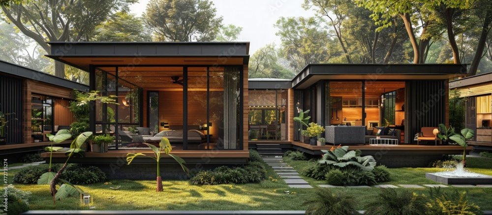 A row of modern wooden houses with large windows surrounded by greenery A row of modern wooden houses with large windows surrounded by greenery