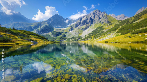 A tranquil lake nestled in the midst of an expansive valley reflecting the rugged mountain peaks in its crystalclear waters. . . © Justlight