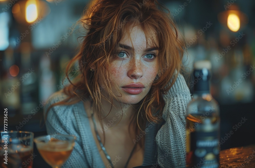 woman drinking in a bar surrounded by alcoholic beverages woman drinking in a bar surrounded by alcoholic beverages