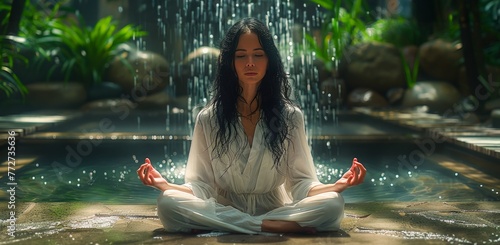 Woman meditating in a yoga ...