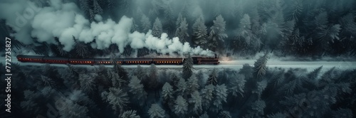 Top down view of steam train going throw dark hazy forest. Long side panoramic picture with railroad, train and wagons and a lot of fir trees. photo