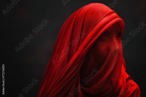 portrait of a woman with her head covered in a red fabric on a grey studio background