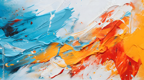 A painting with a blue sky and orange and yellow splatters. The splatters are in different sizes and shapes, and they create a sense of movement and energy. The painting is abstract